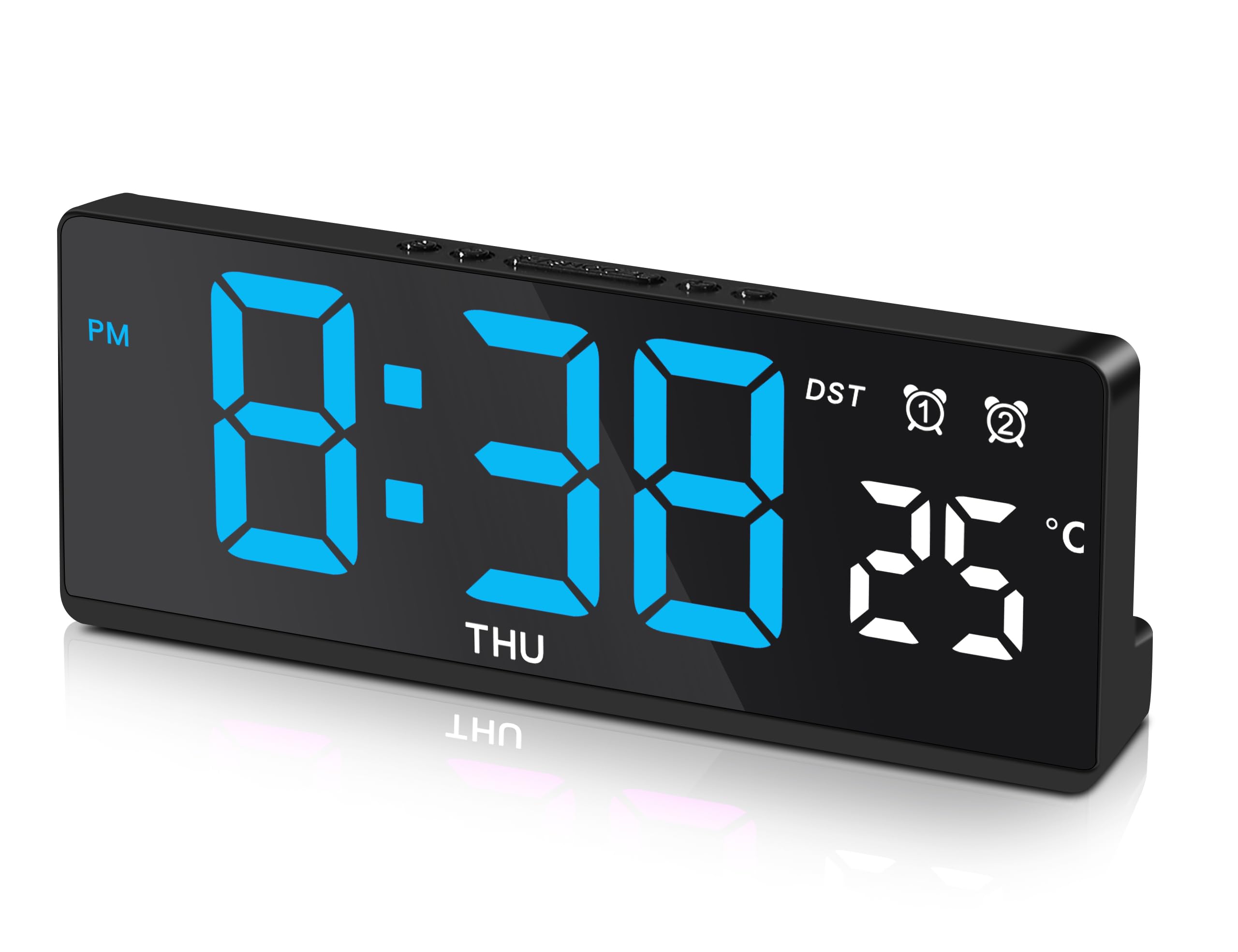 Digital Alarm Clock for Bedroom,Mirror Surface LED Electronic Clocks,5-Level Brightness, 2 Alarm Settings,Snooze Model,Voice Control,12/24H Display,Alarm Clock for Heavy Sleepers Adults-Blue
