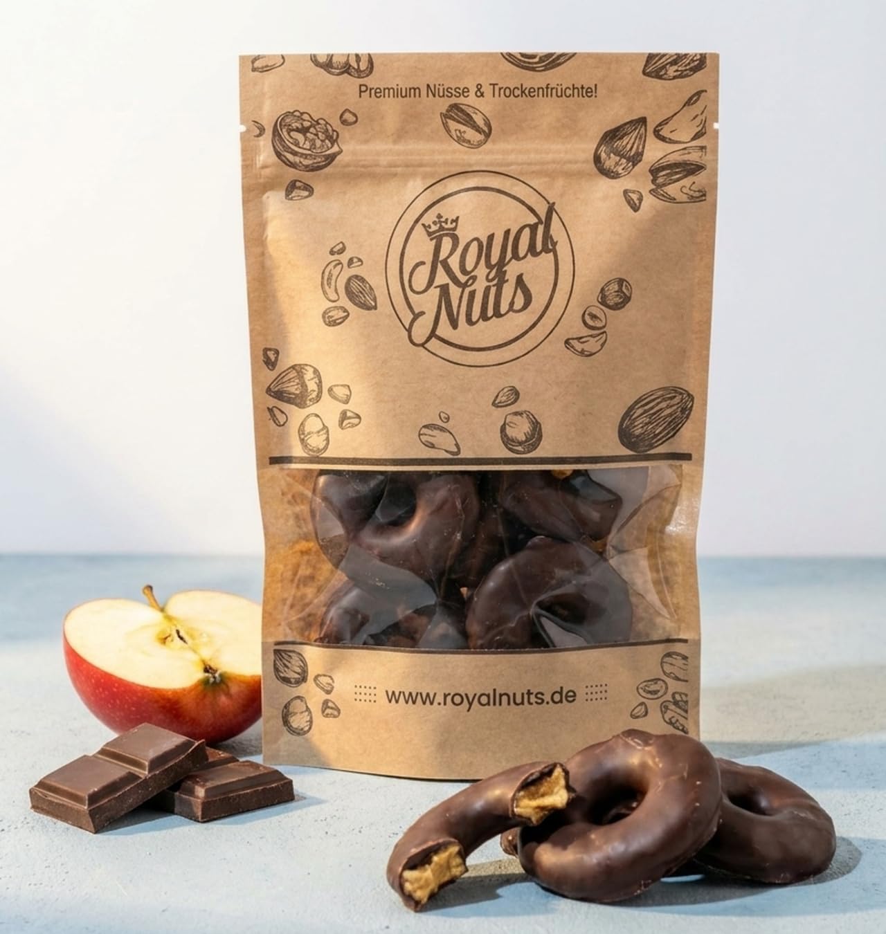 ROYALNUTS Apfelringe 1000g mit Zartbitterschokolade – getrocknet | Saftige getrocknete Apfelringe umhüllt von edler Zartbitterschokolade – in deutscher Manufaktur veredelt