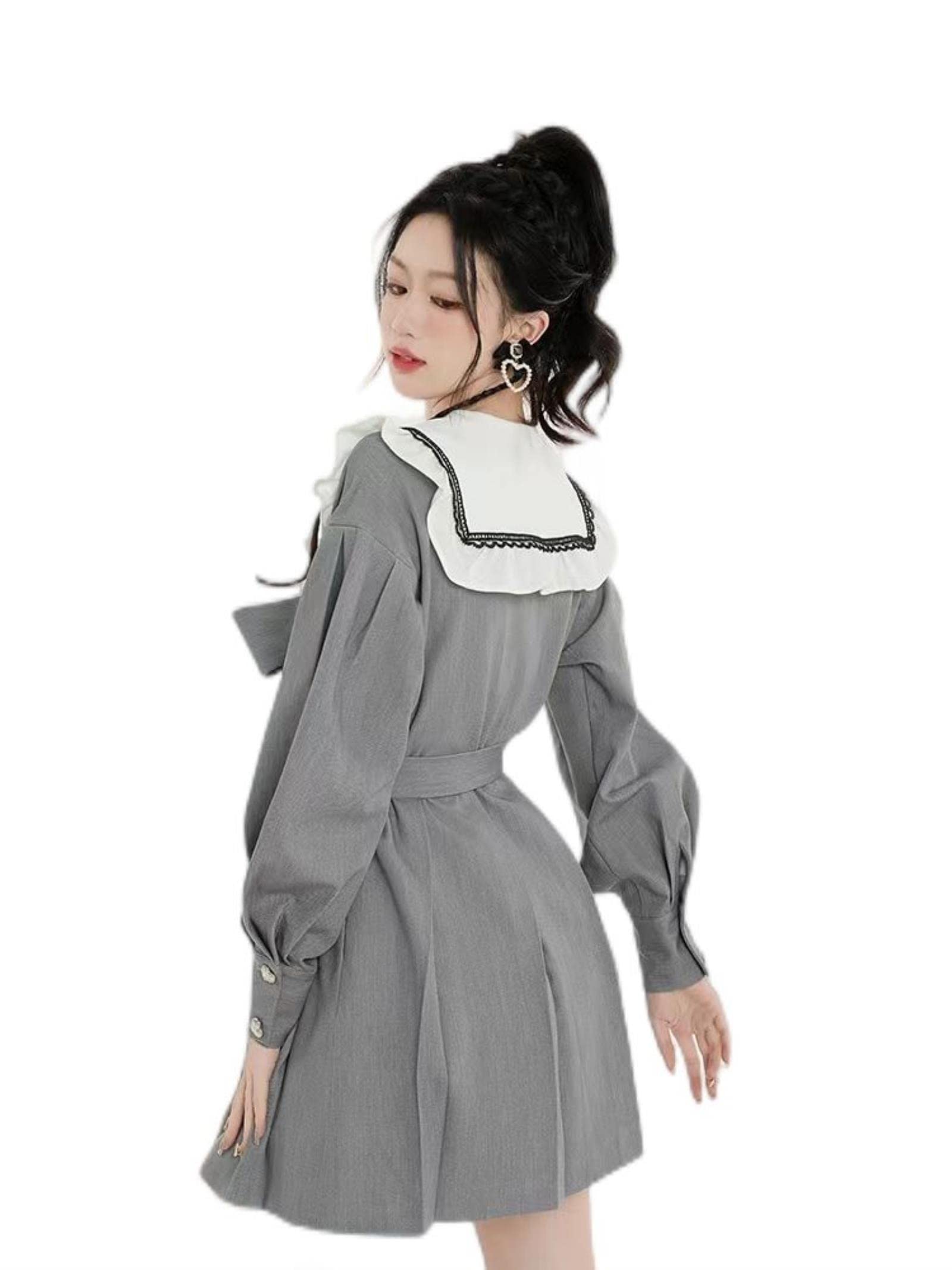 grey korean dress Korean Style Grey Waist Fold Dress