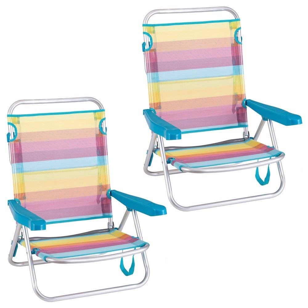 2 sillas playa plegables Rainbow, sillas camping, sillas bajas reclinables 4 posiciones, sillas aluminio con respaldo-​asiento textileno transpirable, arco iris, multicolor, sillas fácil transporte.