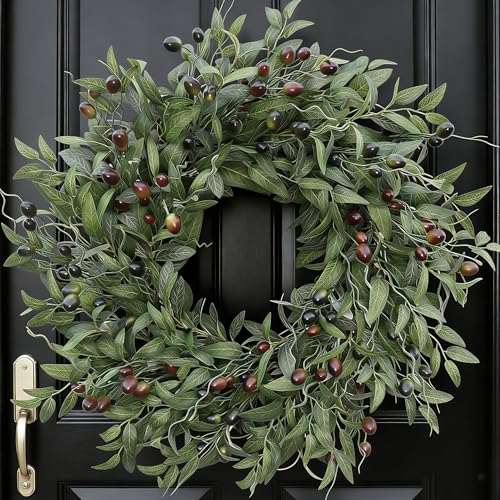 BHHDA Olive Wreath 26 Inch Wreaths for Front Door with Purely Handmade Realistic Dense Olive Leaf Olive Berry Elegant Home Decor Wreath Ideal for Front Door Hallways Any Area You Want to Brighten
