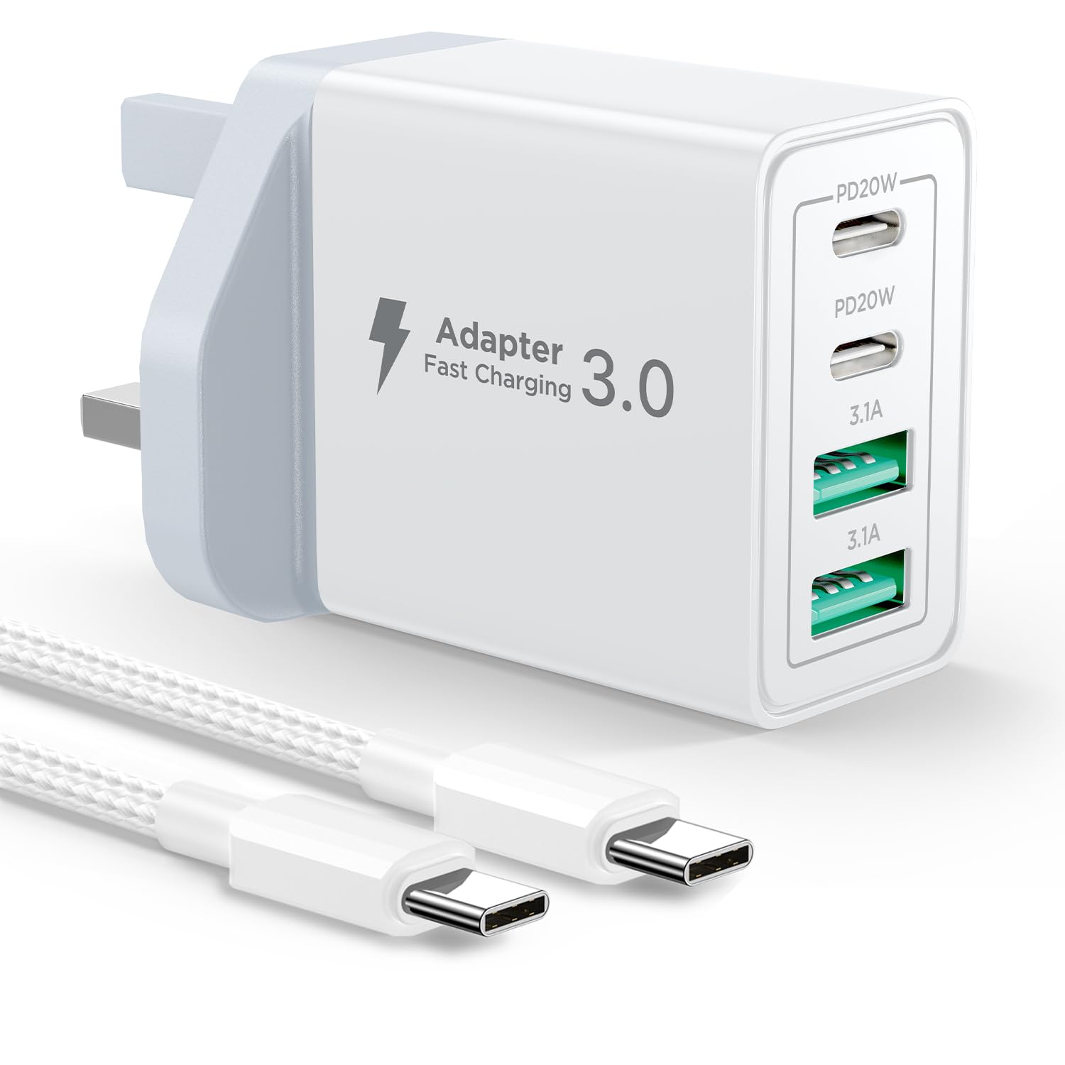 USB C Plug, 40W 4-Port Fast Charger Plug UK With USBC to USB C 2M, Multi USB Charger Plug UK Dual Port PD Power Adapter +QC Wall Charger Multiport Mains Type C Charging Plug for iPhone, Samsung, iPad
