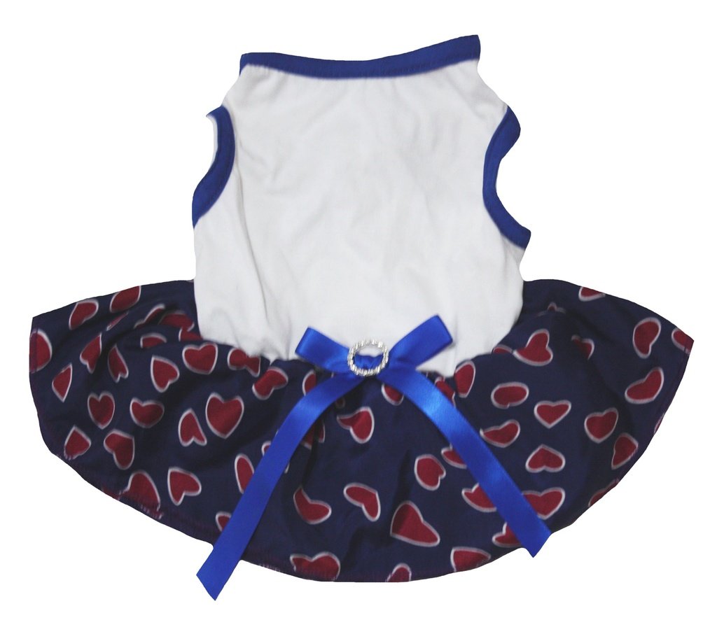 Robe blanche pour chien en coton avec chemise cœurs bleu foncé et jupe tutu fluide