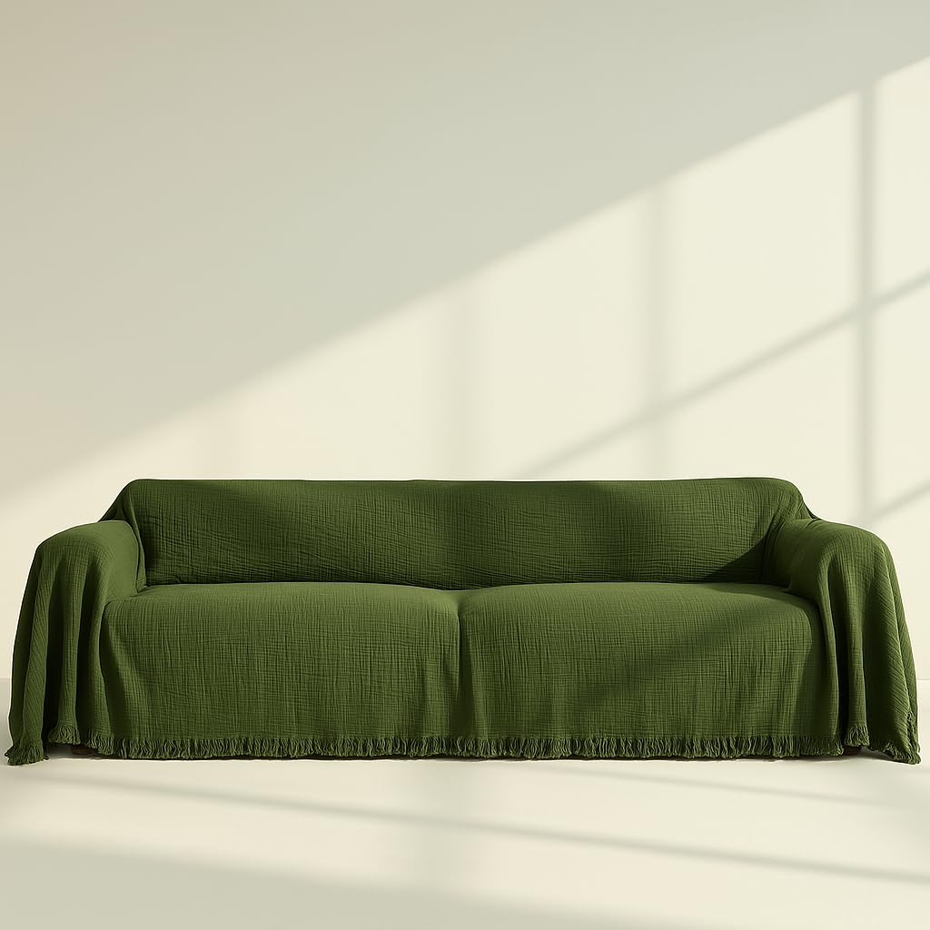 Sofa Cover%100 Organic Cotton, Couch Covers for Loveseat, Futon, Sofa, Sectional L Shape, U Shape, 4 Layered Muslin Boho Couch Cover, 71", 91", 102"