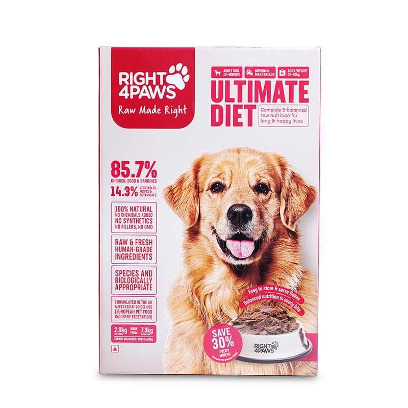 RIGHT4PAWS Dry Dog Food - Ultimate Diet - Medium & Maxi Breed Diet for Adult with High Nutrition 85.7% Animal Source, Omega 3 & Omega 6 | Low Risk of Obesity| Reduced stools, 12kg (B0B15BC1CW) Amazon Price History, Amazon Price Tracker