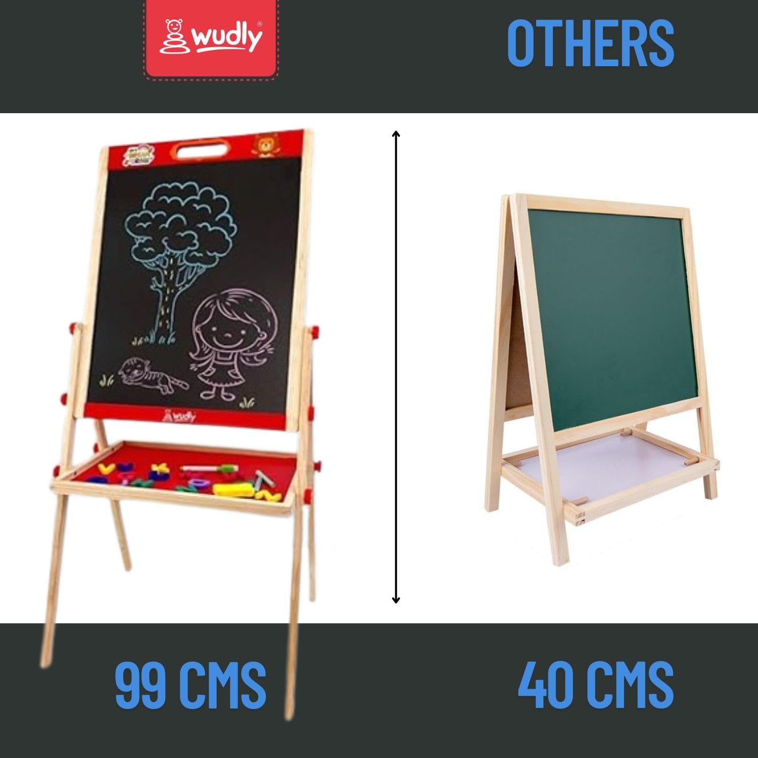 WUDLY® 2-in-1 Wooden Easel for Kids – Double-Sided Chalkboard & Whiteboard with Magnetic Letters, Marker, Duster & Chalk | Learning Drawing Board for Children - Image 5 thumbnail
