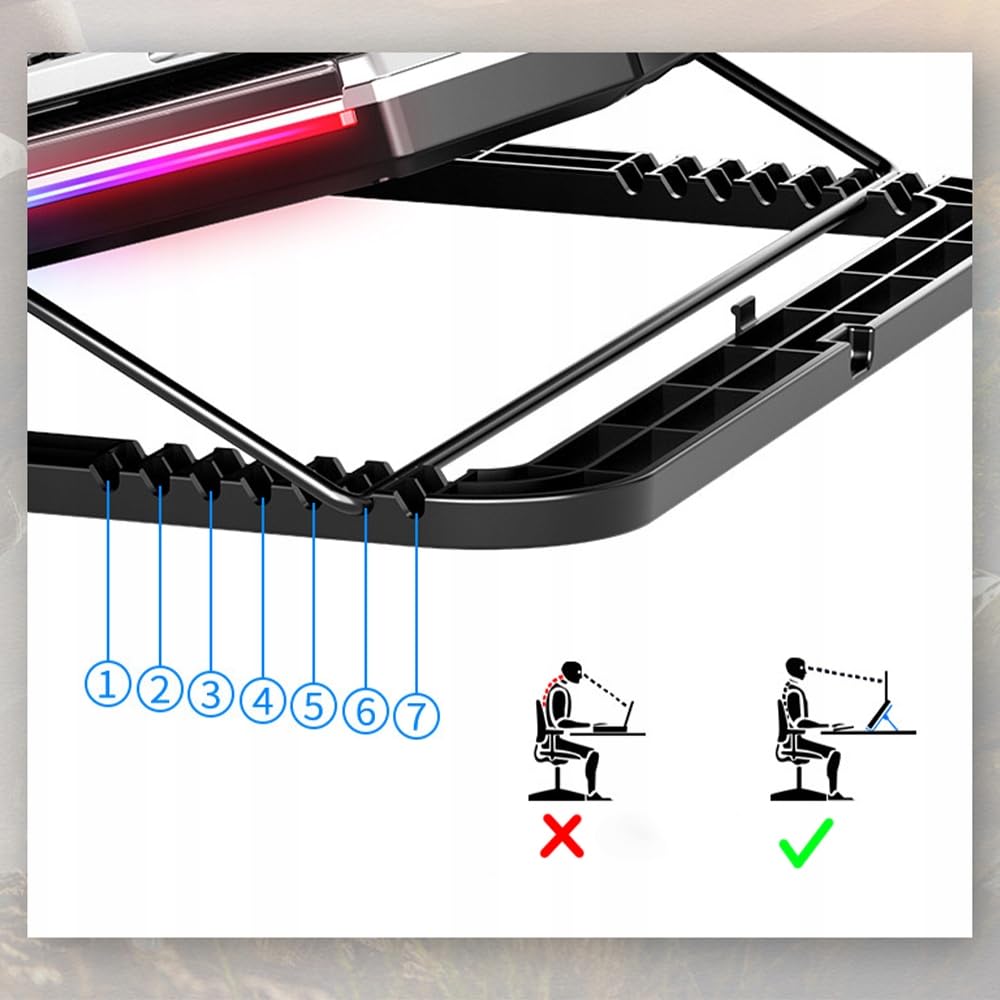 Q8 RGB LED PC Portable Refroidisseur avec 6 Ventilateurs - Support Ordinateur Portable jusqu'à 18 Pouces - Inclinaison 0-32° - Écran LCD - Fonctionnement Silencieux Environ 25dB - Alimenté par USB