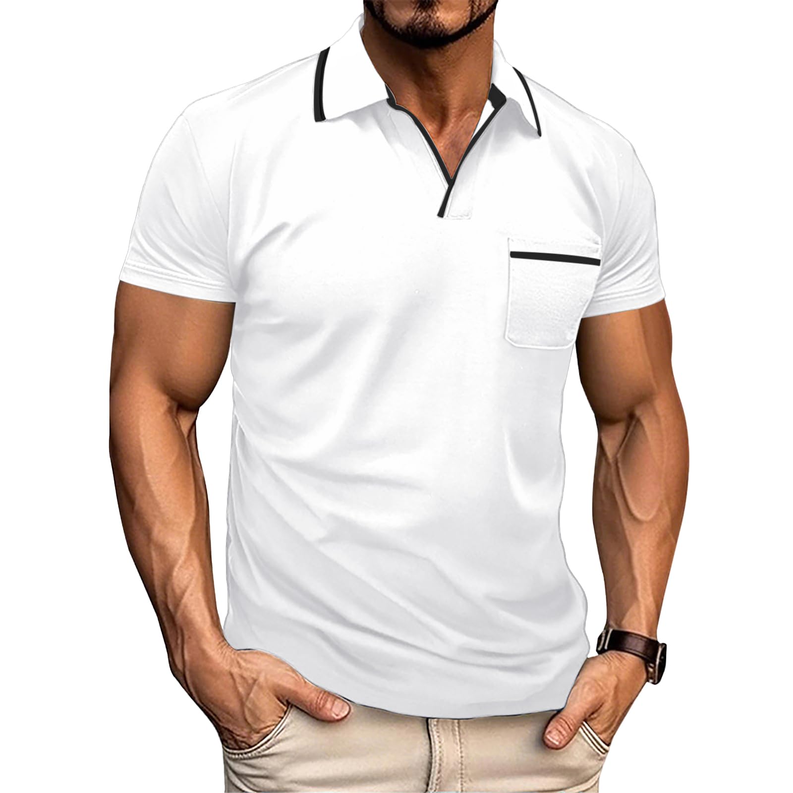 Men's Polo Shirt Short Sleeve V Neck Casual Classic Lightweight Tees Golf Cotton Stylish T-Shirt with Pocket White XL