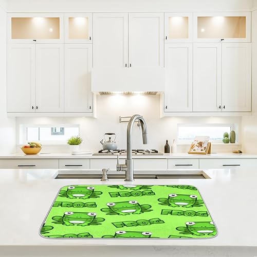 Miniatura 6 de Tapete de secado de platos con patrón de rana de 16 x 18 pulgadas, absorbente y reversible, de microfibra, para cocina, cafetería, bar, encimera