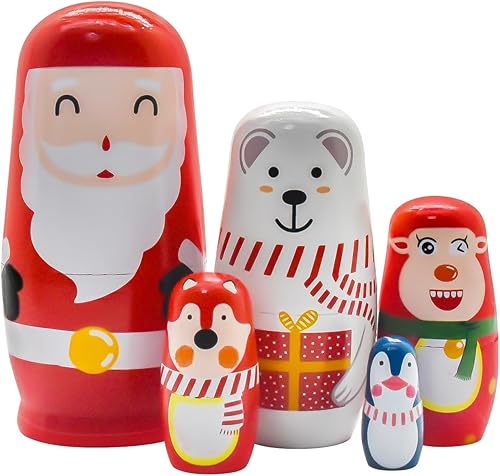 SkiBeaut Muñecas anidables de Navidad, 5 piezas de madera, 5 piezas hechas a mano de madera, muñeca de anidación rusa, juguete anidado de Papá Noel
