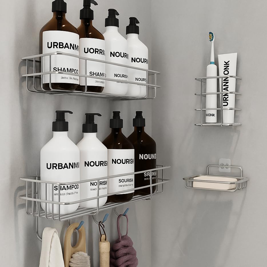Image of URBANMONK 4 Pcs Bathroom Organiser Without Drill |Bathroom Accessories Set | Bathroom Stand for wall Toothbrush, Soap and Shampoo Holder