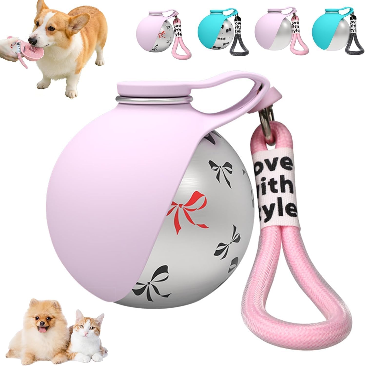 SANJSJHXJ Stainless Steel Dog Water Bottles for Walking 285ml, Leak Proof & Compact Dog Travel Water Bottle with Foldable Bowl,pink with prin