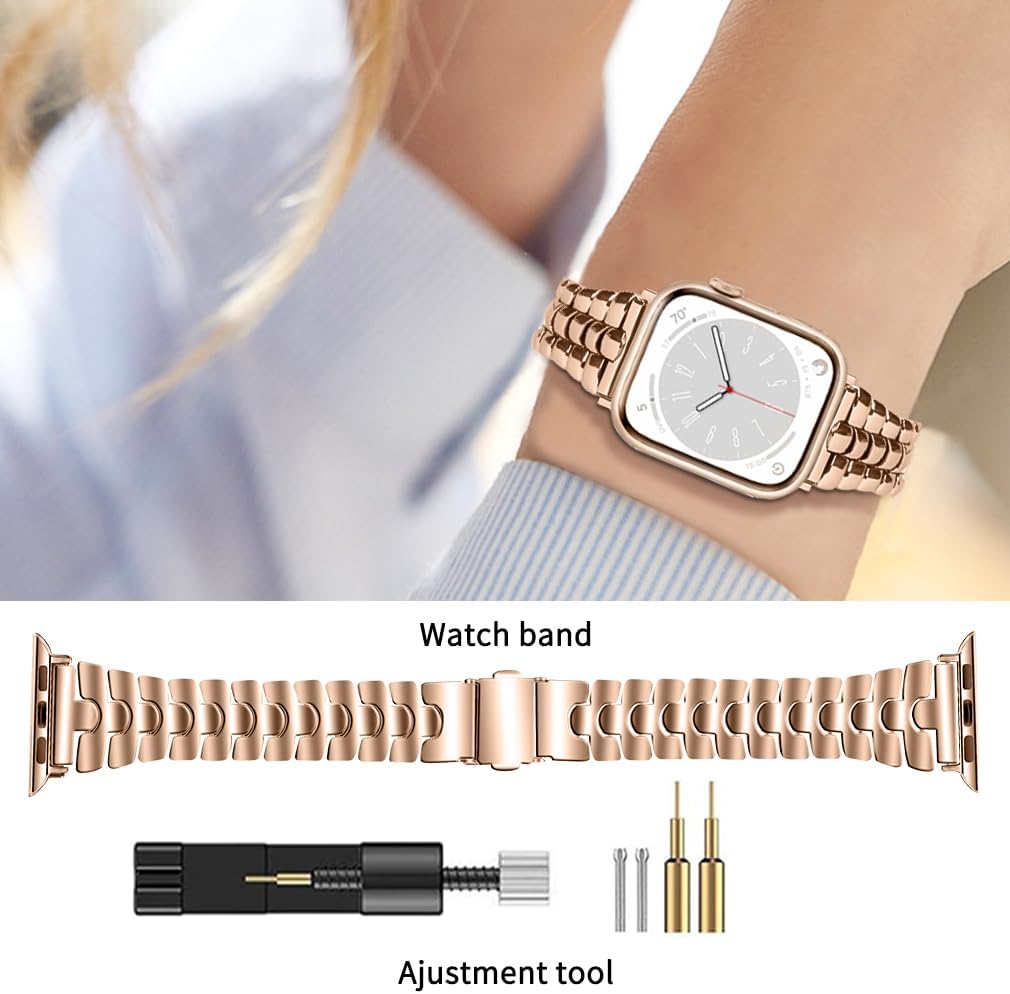 Thin Metal Band Compatible with Apple Watch Band 38mm 40mm 41mm 42mm 44mm 45mm 49mm, Dressy Stainless Steel Chain Strap, Slim Fancy iWatch Band with Case for Women Men