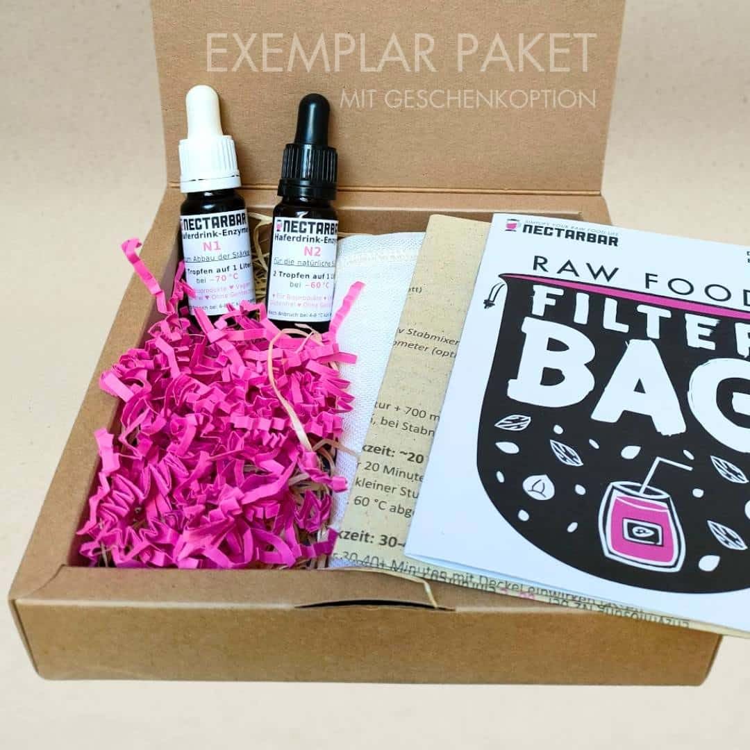 DIY-Set für Haferdrink, Enzymlösungen N1/N2 und Leinen-Filterbeutel (Im Karton: Box, 20 ml - für 200 Liter)