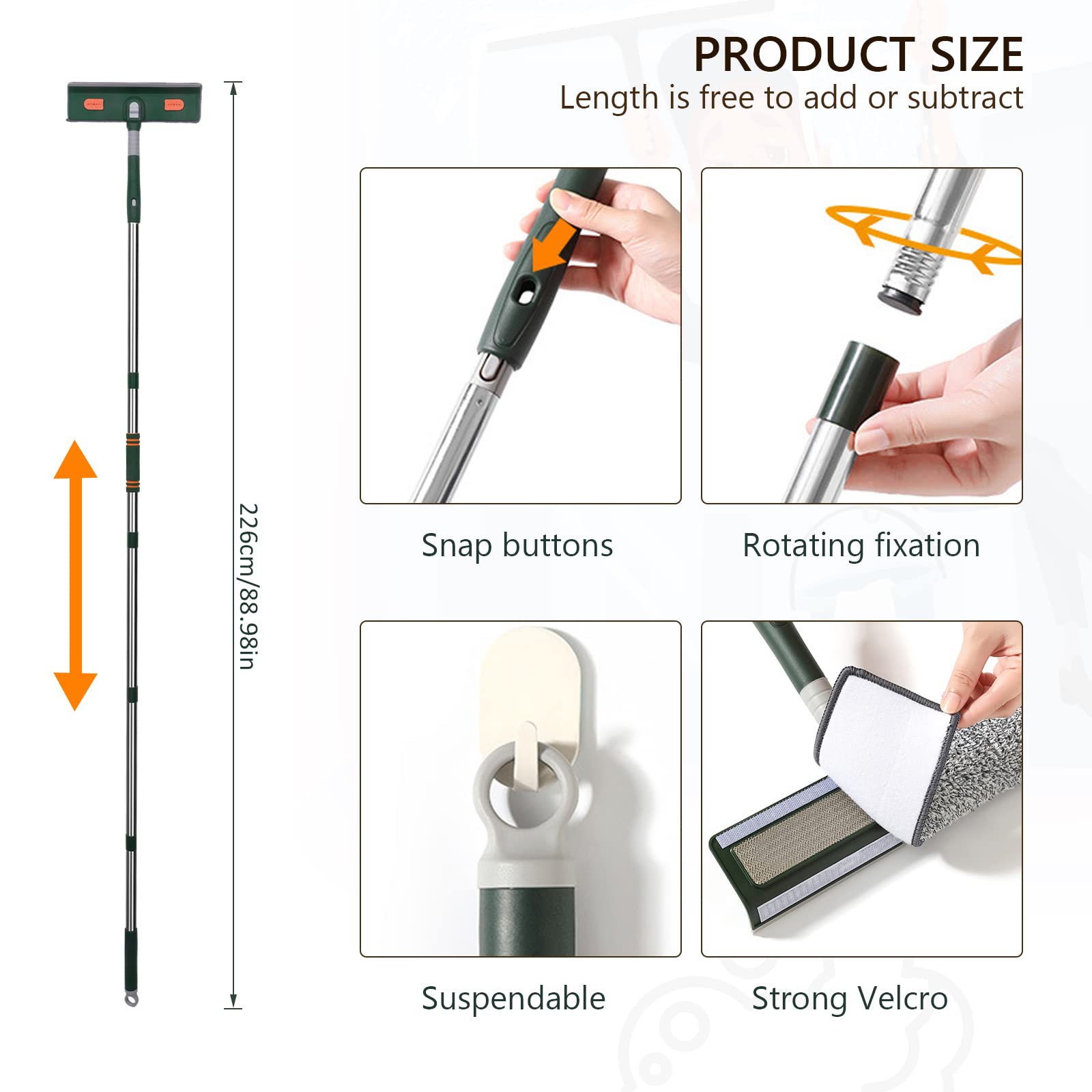 Limpiacristales Telescópico 3 En 1 (72-207 Cm) - Con Almohadillas De Microfibra Y Plumero, Para Ventanas Altas