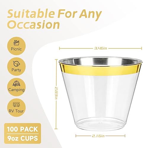 Miniatura 2 de EASERCY 100 vasos de plástico de 9 onzas, dorados, a la antigua, con borde para decoración de fiestas, desechables, transparentes, para bodas,