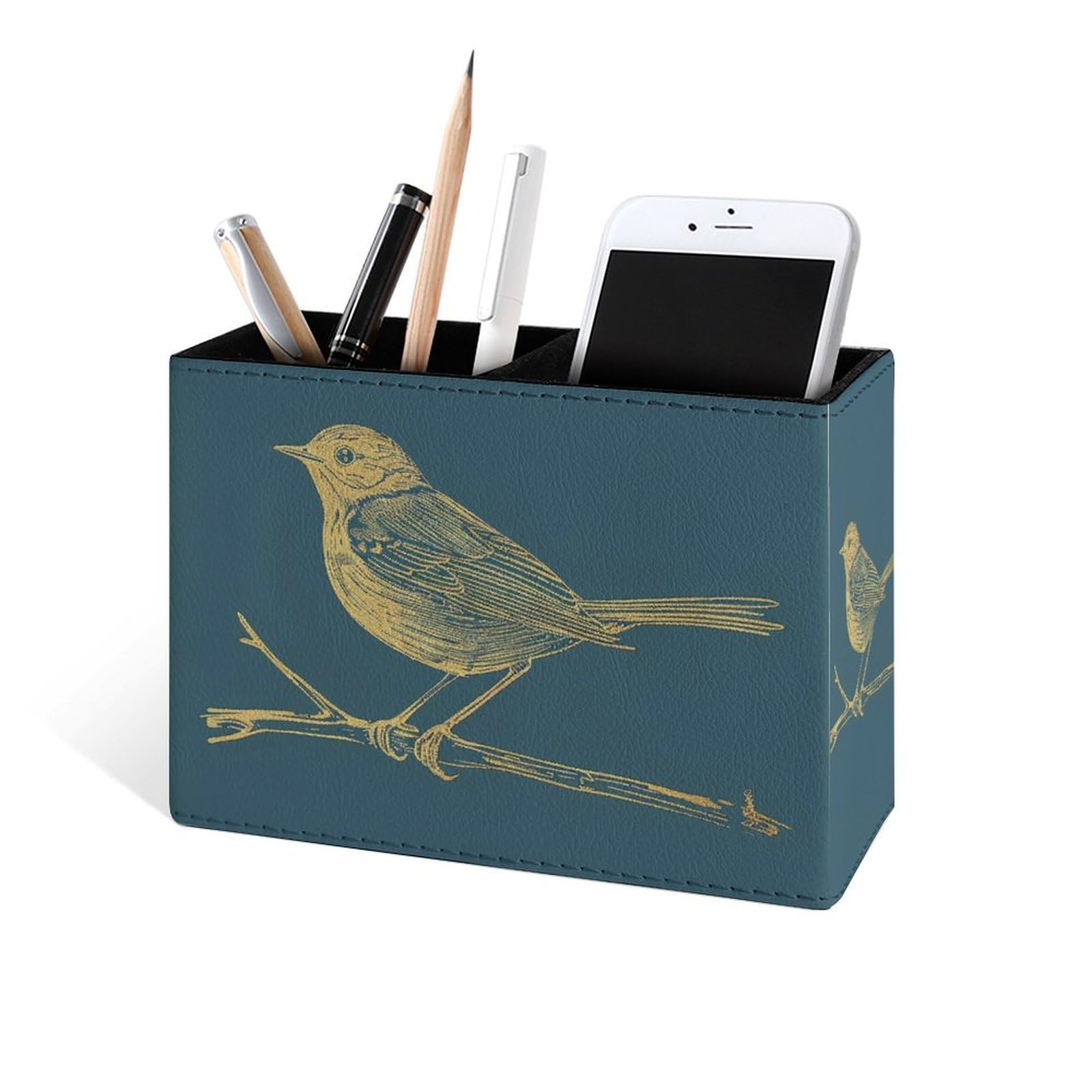 Famame Pot à crayons en cuir doré en forme d'oiseau sur branche pour bureau, bureau, maison