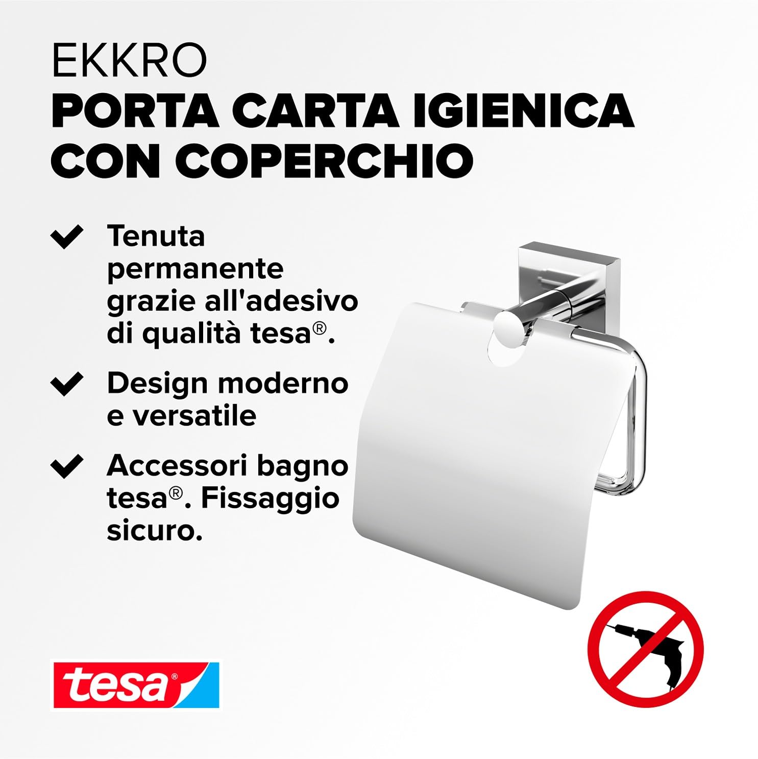 tesa EKKRO Portarotolo WC con Coperchio - Porta Carta Igienica Adesivo in Metallo Cromato Lucido senza Perforazione, per Bagni - Colla Rimovibile inclusa