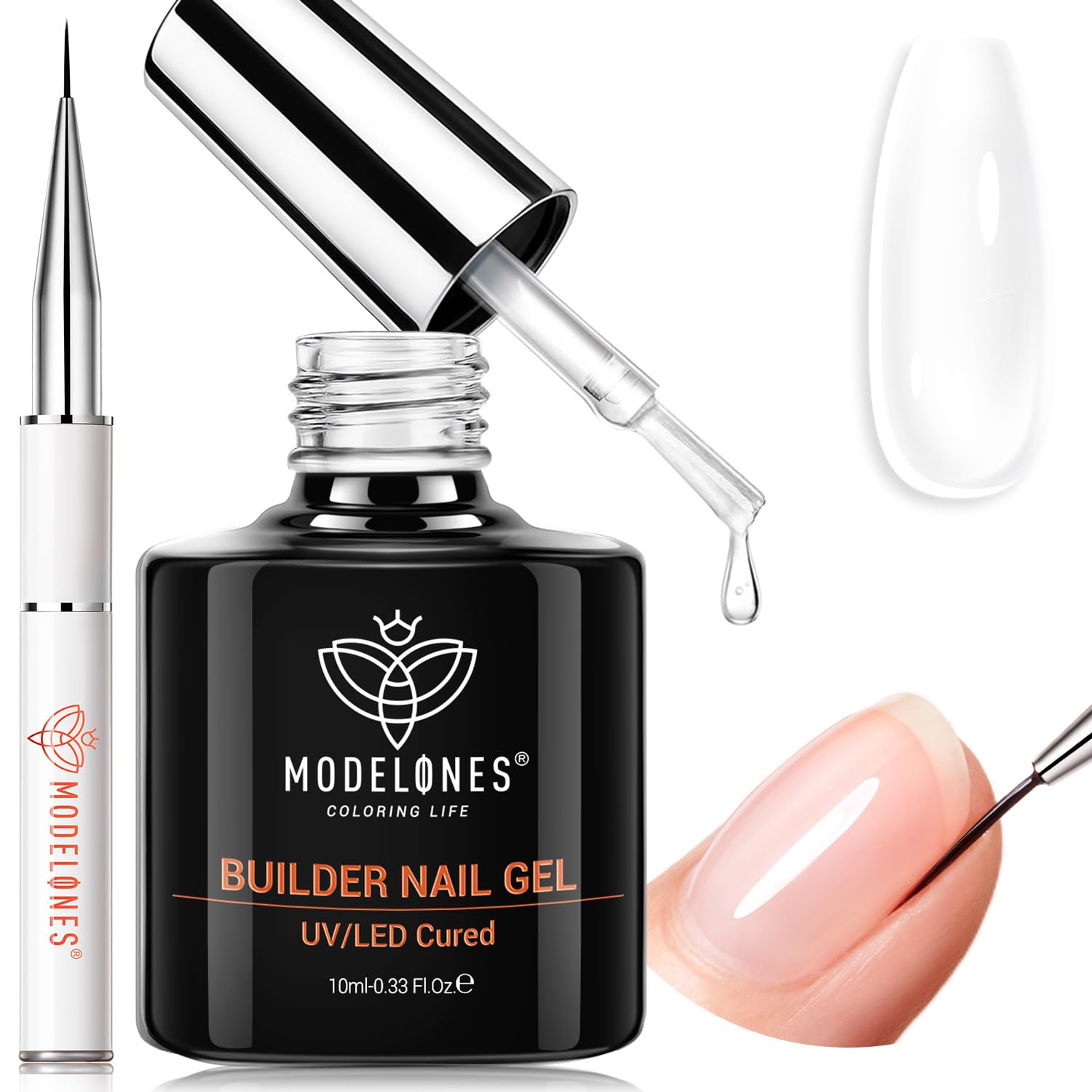 modelones Builder Nail Gel, Clear Builder with Detachable Liner Nail Brush | 7-in-One Strengthener Color Rubber Base Coat Nail Polish for Apex Building Extension Thickening 10ml, LED Lamp Cured Liner Brush Builder Nail Gel Clear