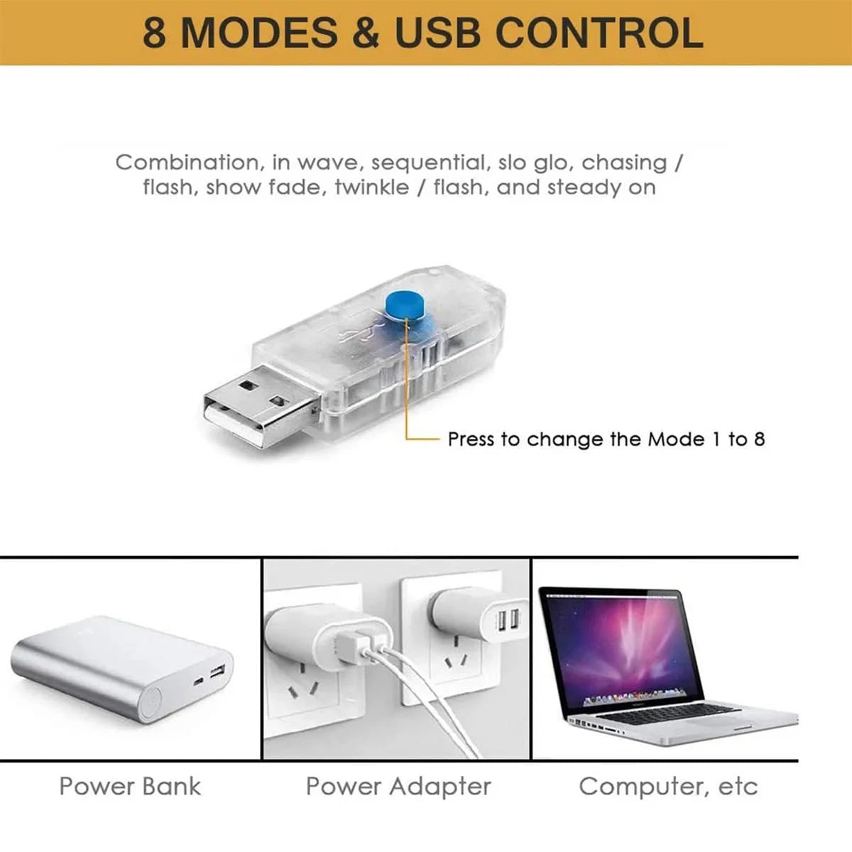 Coverzone Led Işık 5 Metre Sarı Işık Kornişe Takılabilir Aydınlatma – USB Girişli, Bakır Telli, 10 Halkalı Tasarım, Perde Asma Aparatlı ve Uzaktan Kumandalı Dekoratif Işık Zinciri