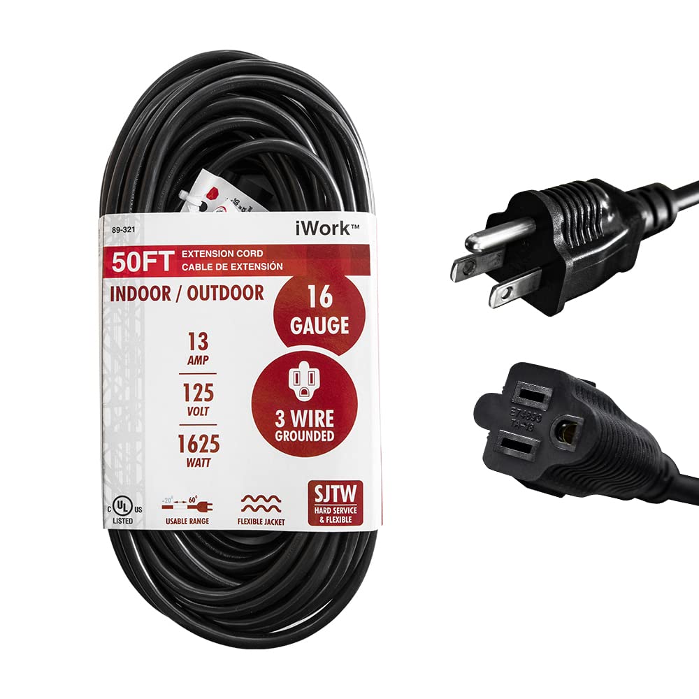 iWork 50 Ft Black Extension Cord 3 Prong, Weather-Resistant 16/3 SJTW, 1625 Watt, 13 AMP Rating with UL Listed for Indoor and Outdoor Uses