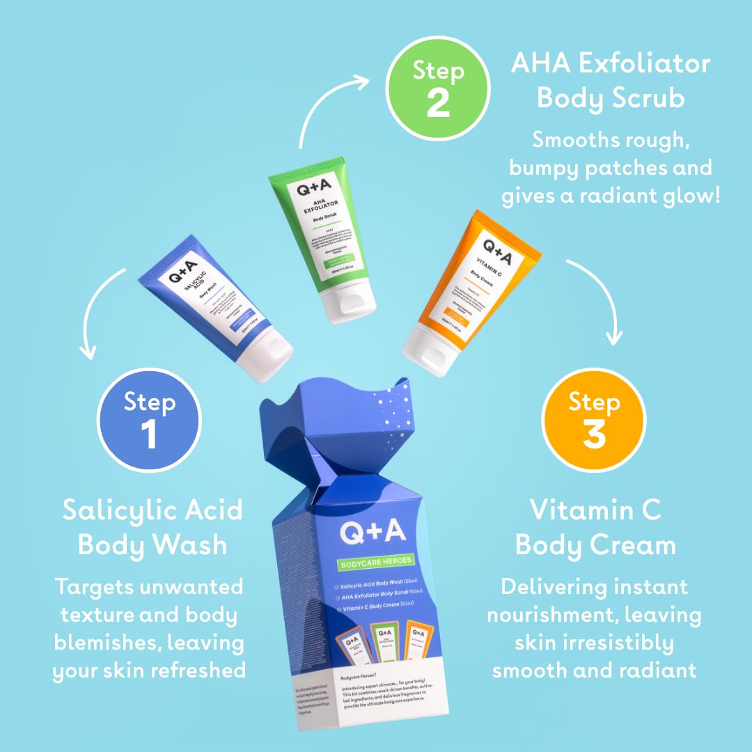 Q+A Bodycare Heroes Giftset, 3-Step Skincare Routine: Salicylic Acid Body Wash, AHA Exfoliator Scrub & Vitamin C Body Cream - Image 3