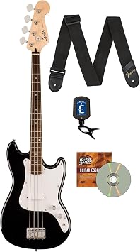 Fender Squier Sonic Bronco Bass Guitar, Laurel Fingerboard - Black Bundle with Tuner, Strap, and Austin Bazaar Guitar DVD