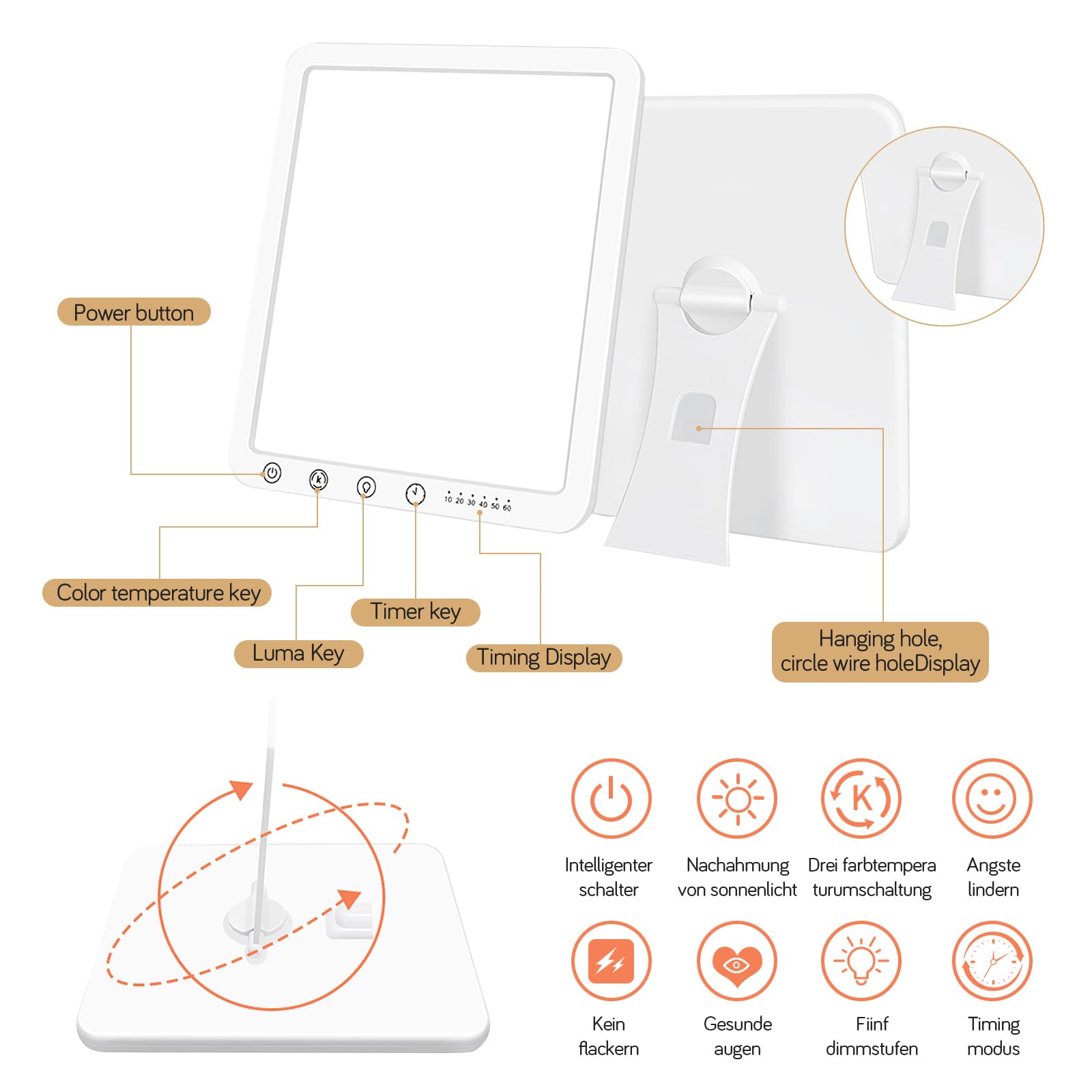 Tageslichtlampe 15000 Lux,LED Lichttherapielampe Tageslicht mit 3 Farbtemperaturen 6 Timer,LED Daylight Lampe, Touch-Control Sonnenlicht Lampe, Vollspektrumlampe für Zuhause/Büro