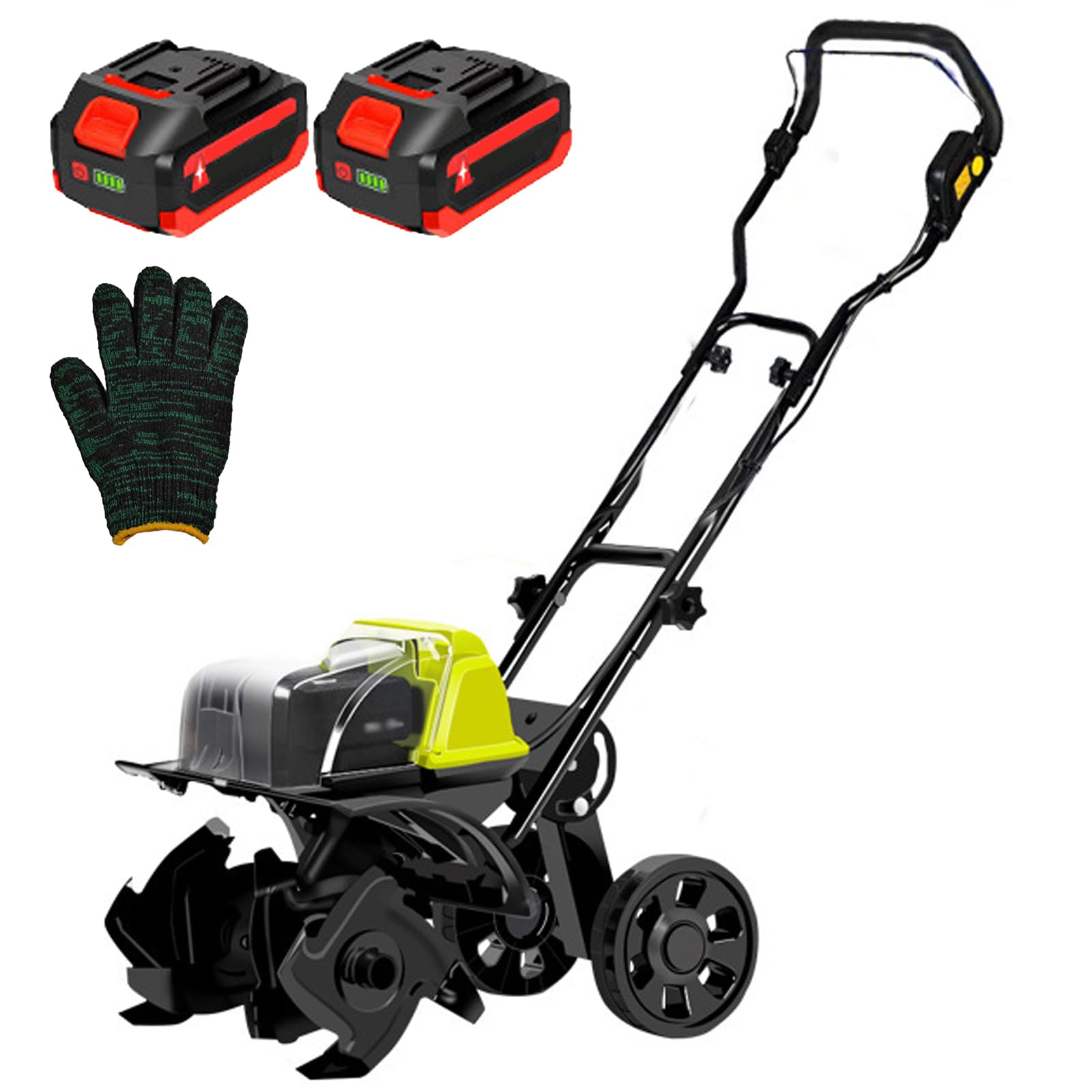 Elektryczny rotavator, kultywator ogrodowy z kołami pomocniczymi, głębokość uprawy 18 cm, szerokość 36 cm, podwójne baterie litowe do wydajnego ogrodnictwa glebowego