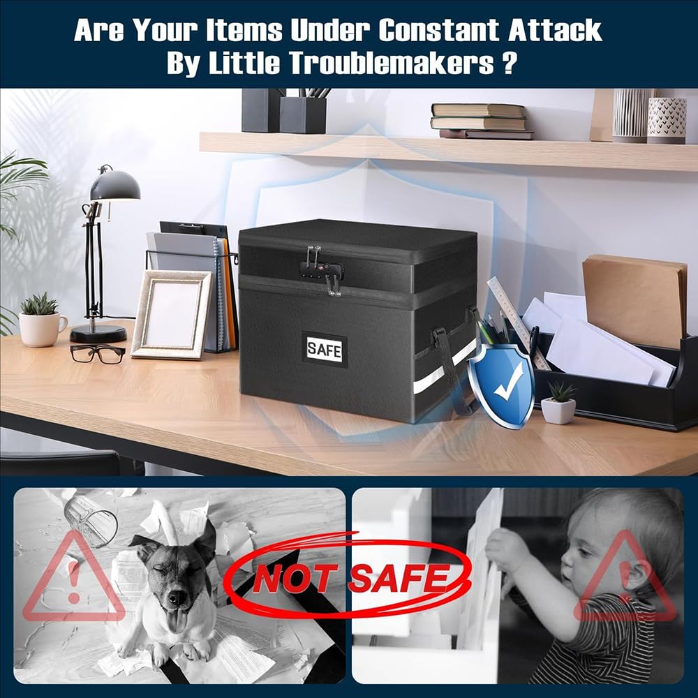 Bolsa de documentos ignífuga con cerradura,Caja de archivo portátil,Caja de archivo ignífuga e impermeable con cerradura(39,5x31x32,5cm),Adecuada para guardar documentos valiosos, papeles, etc.