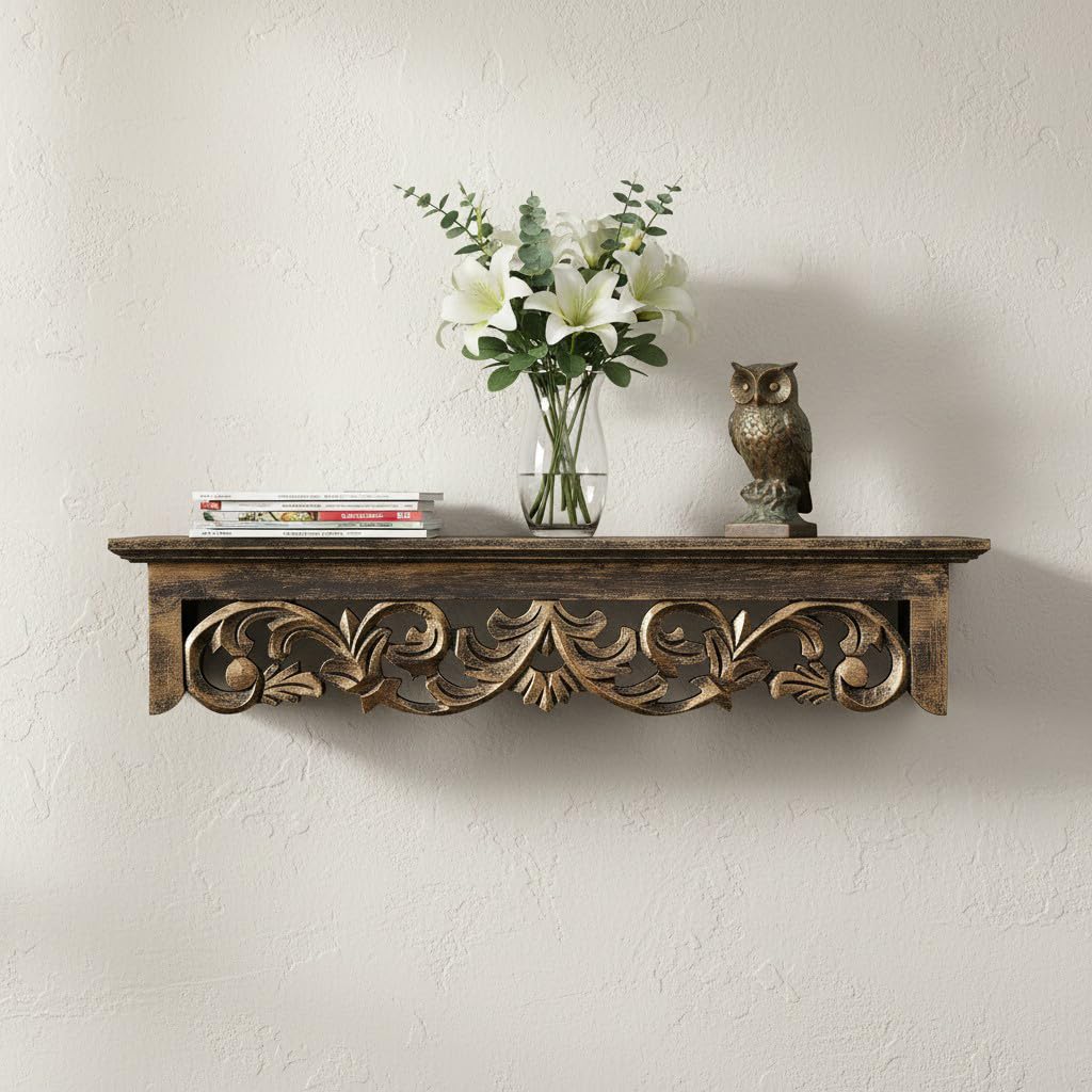 THE URBAN STORE Shelf Wooden Wall Mounted Distressed Gold Color 60 x 15 X 12 CM Pack of One French Country Style Elegantly Floral Hand Crafted for Home and Office Decor TUSSLF06