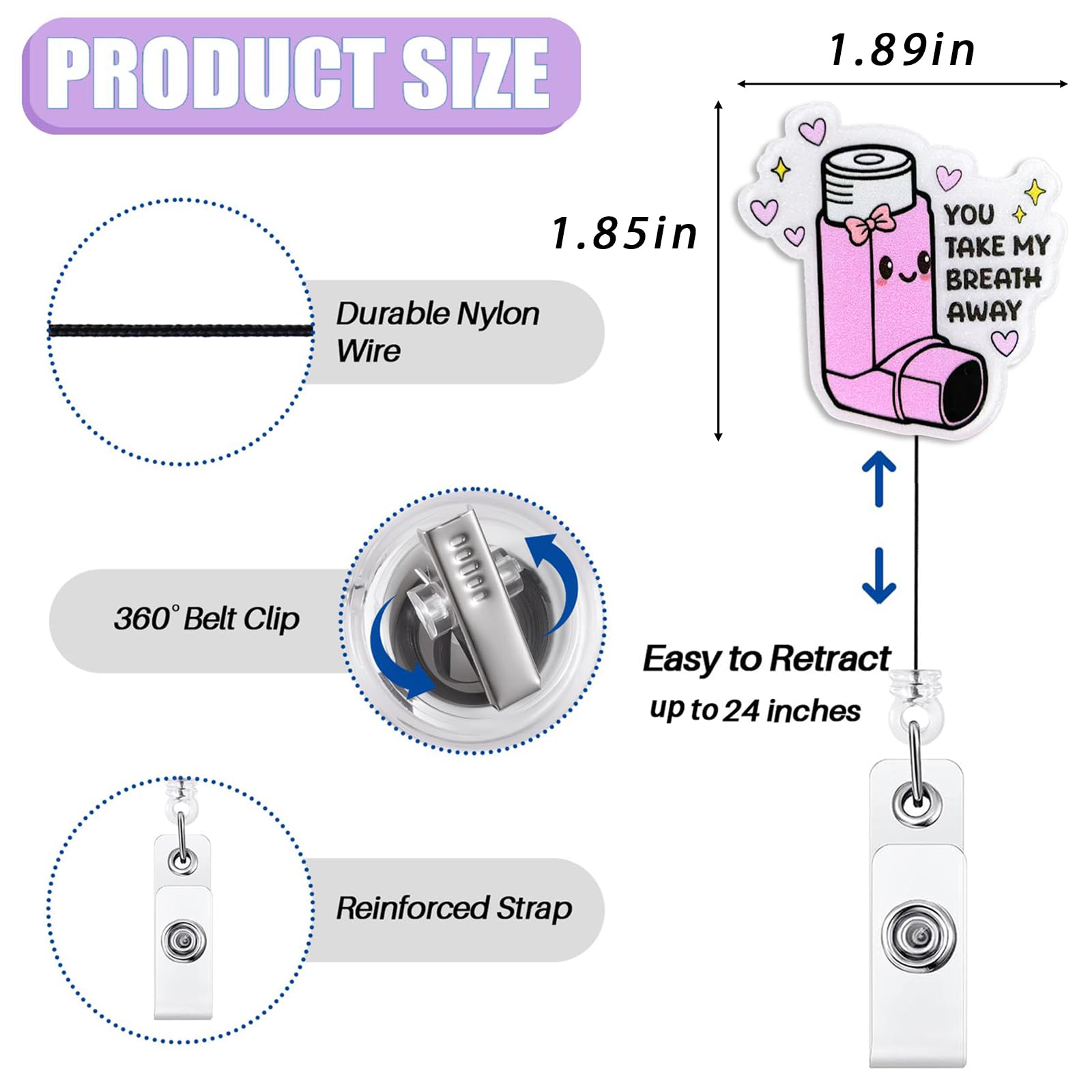 You Take My Breath Away Badge Reel Retractable, Funny Respiratory Therapist ID Badge Reel for Work, Cute RT RRT Inhaler Badge Clip, Asthma Badge Holder with Alligator Clip & 24” Durable Nylon Cord