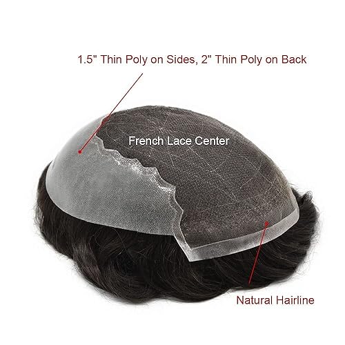 Miniatura 5 de Toupee para hombres, sistema de reemplazo de cabello humano, encaje francés, nudo blanqueado, 100% atado a mano, piezas de cabello humano real