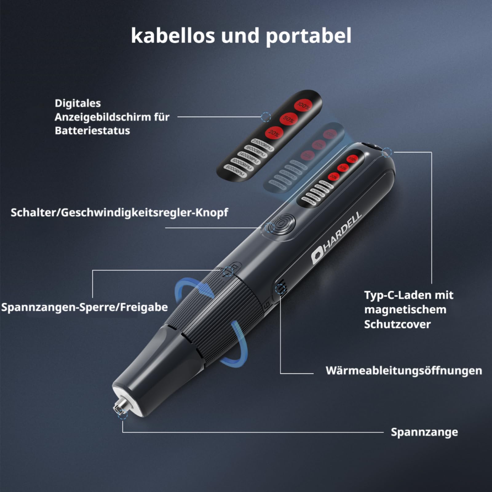 HARDELL Outil Rotatif Sans Fil 8V avec Affichage Digital, 5 Vitesses, Kit 61 Accessoires
