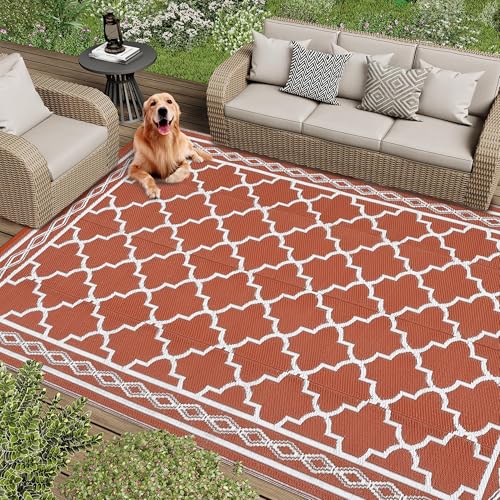 Garvee Large Outdoor Rugs 9x18 Waterproof Reversible Outdoor Plastic Straw Rugs, Easy Cleaning Patio Camping Carpet, All-Weather Outside Rugs for RV Patio Porch Deck Balcony (Brick red/White