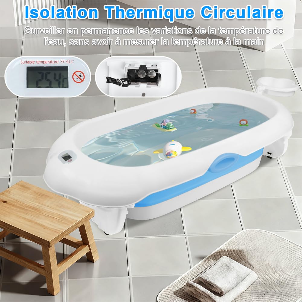 Homewell - Bañera de bebé plegable con cojín de baño para bebé y termómetro digital, bañera para el hogar y los viajes, fácil de limpiar (azul)