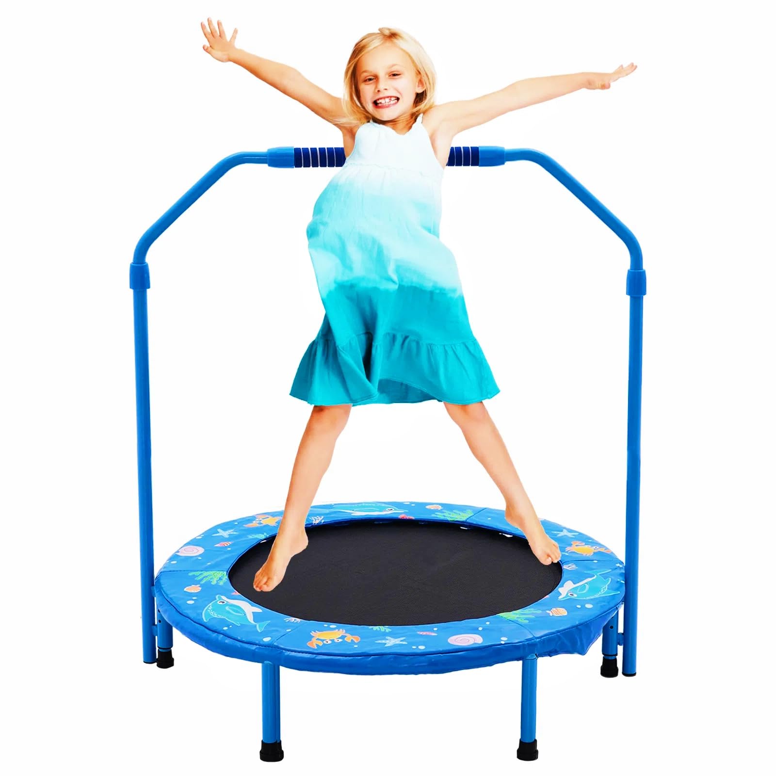 Trampolín para Niños 92cm Plegable con Mango Ajustable y Cubierta de Seguridad - Mini Reboteador Interior/Exterior para Edades 3-6 (90kg Máx)
