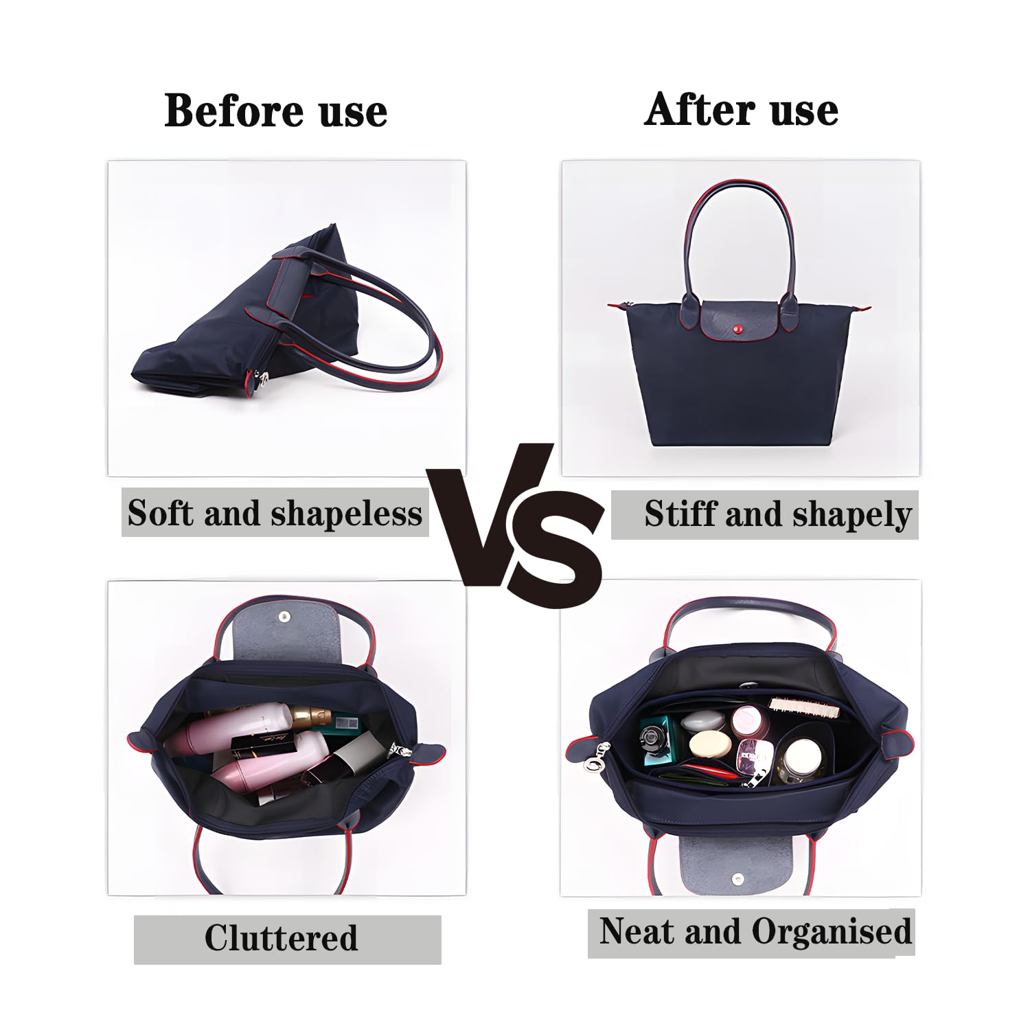 Longchamp filcowy organizer na torebki z wieloma kieszeniami z zamkiem błyskawicznym, składana torba na ramię Longchamp (niebieski, L)