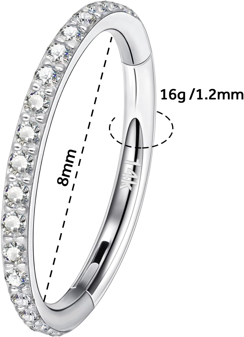 14k Gold 16G 20G 8mm/10mm Septum Rings for Women & Men, CZ Simulated Diamond Rings for Nose, Helix, Rook, Tragus, Daith, Hypoallergenic, Hinged Segment Earring Hoop
