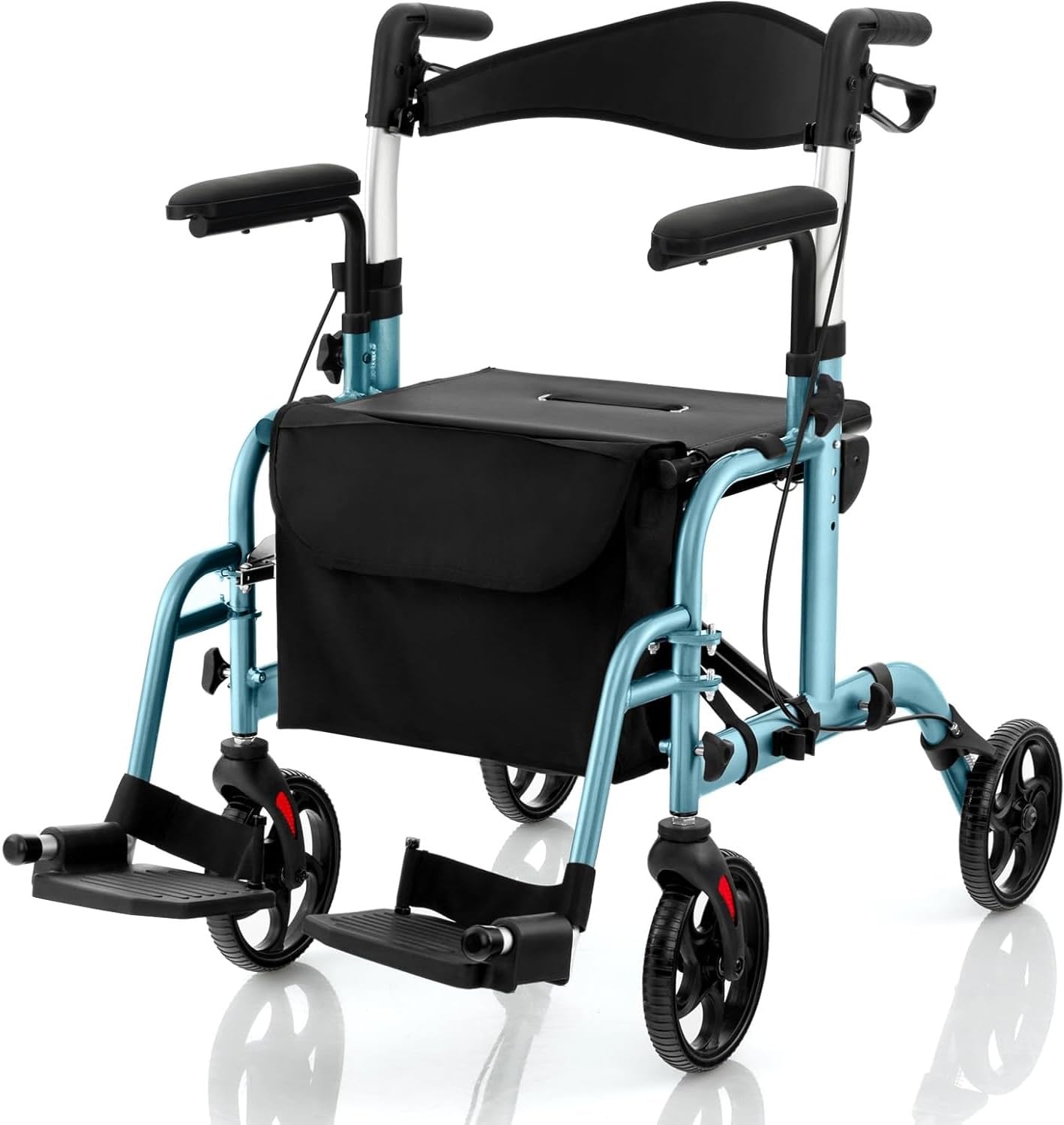 GOPLUS Andador con Ruedas de Aluminio 2 en 1, Andador Plegable con Cuatro Ruedas y Respaldo, Asas Ajustables con Frenos, Reposapiés, Soporte para Bastón, Ayudante para Personas Mayores (Azul)