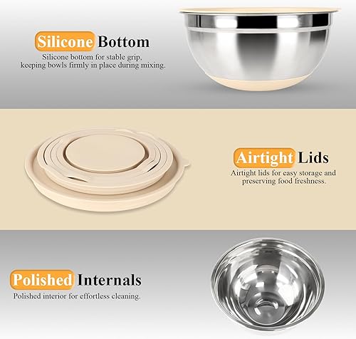 Miniatura 5 de Juego de tazones para mezclar con tapas herméticas, juego de 20 utensilios de cocina, 6 cuencos de acero inoxidable, 3 accesorios para rallar, parte