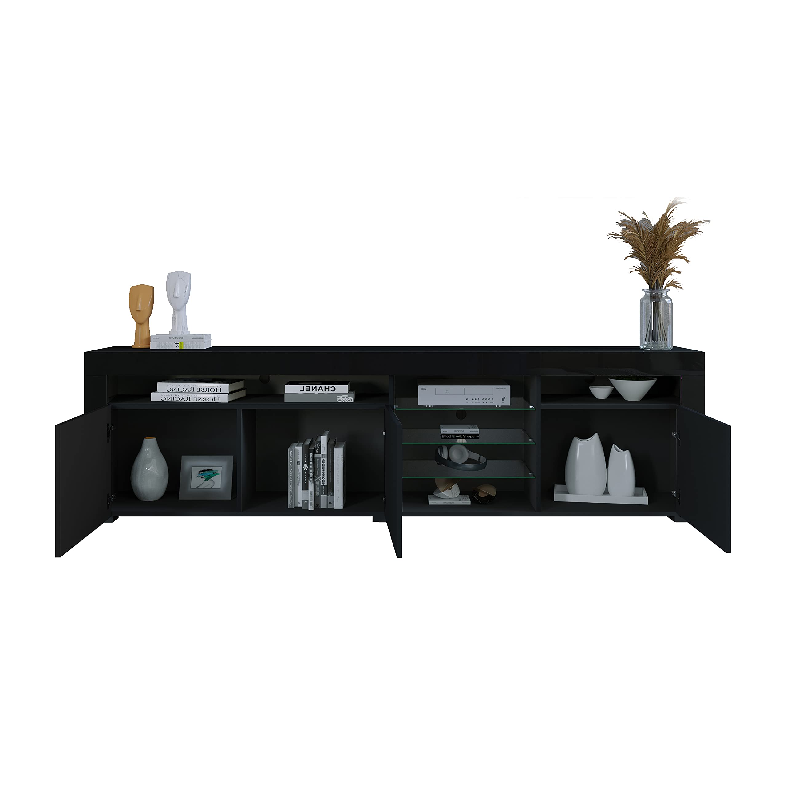 180cm LED TV Schrank Modernes Hochglanz TV Board, Schwarz | mit 3 Türen & Glasböden Fernsehschrank für Wohnzimmer Schlafzimmer Möbel, 180 x 35 x 53 cm