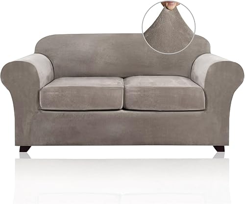 PrinceDeco Funda de terciopelo para sofá de 2 plazas, fundas de sofá de 3 piezas para perros, fundas lavables para sofá biplaza de hasta 72 Gris