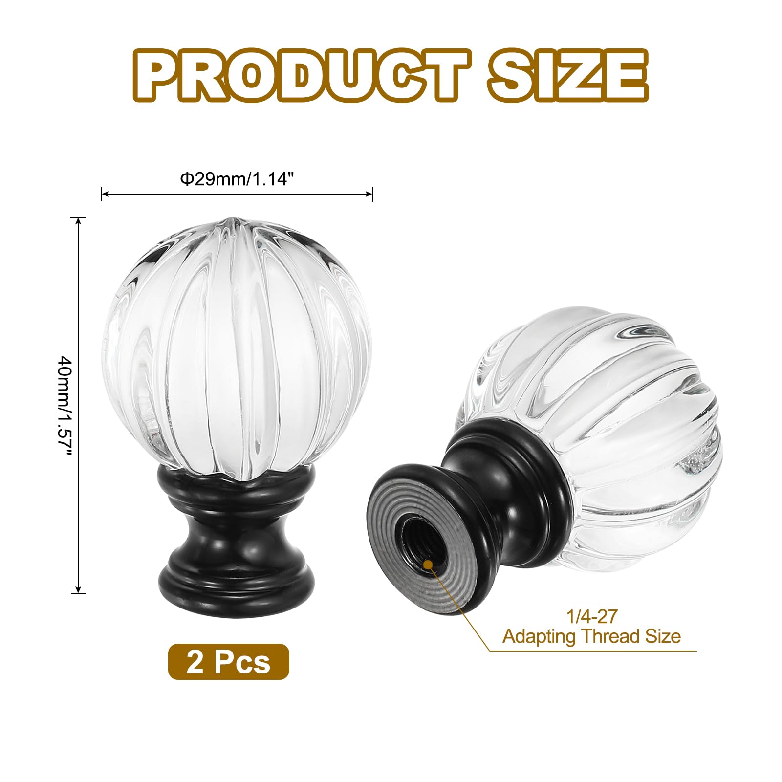 PATIKIL 1/4-27 Lamp Finial Cap for Lampshade Harp Top 2Pcs Cap Nut Screw Cap Knob Clear Pumpkin Ball Shaped Crystal Lamp Shade Decoration for Table Floor Lamp Black - Image 2
