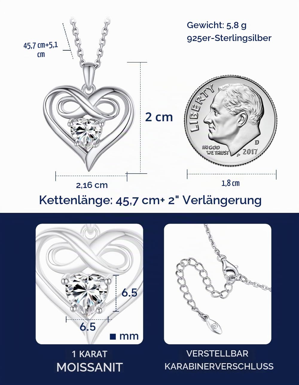 MomentWish Unendlichkeitszeichen Kette, 1 Karat Moissanite Halskette Damen Silber 925 Infinity Schmuck Liebe Herz Geburtstag Jahrestag Geschenk für Frauen