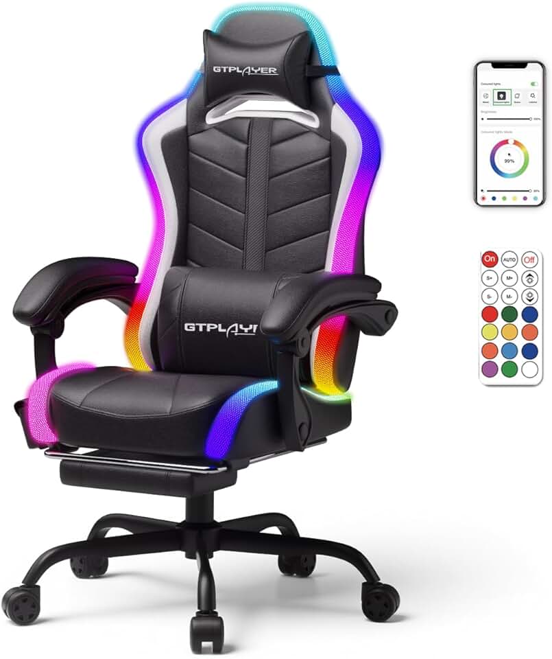 GTPLAYER Gaming Chair, Computer Chair with RGB LED Lights, High Back Ergonomic Chair for Adults with Footrest and Linkage Armrests&amp; Headrest Lumbar Support (with Bluetooth Speakers)
