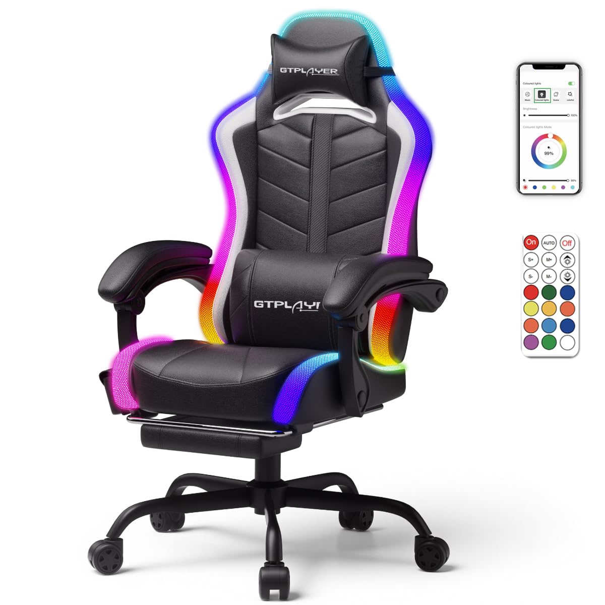 GTPLAYER RGB LED Gaming Chair with colored lights and Bluetooth speakers