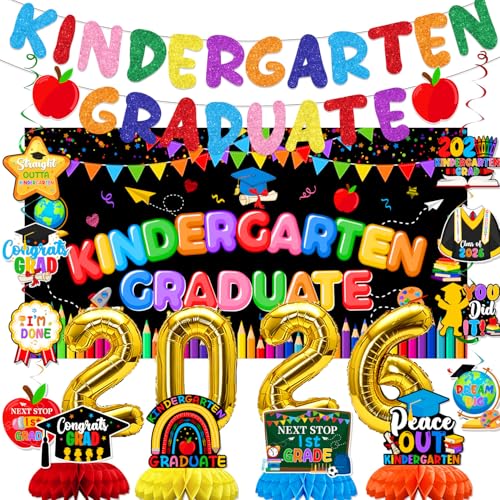 Kindergarten Graduation Decorations Include Kindergarten Graduate Banner Hanging Swirls Backdrop Honeycomb Centerpieces for Kindergarten Graduation Congrats Grad Party Decorations.
