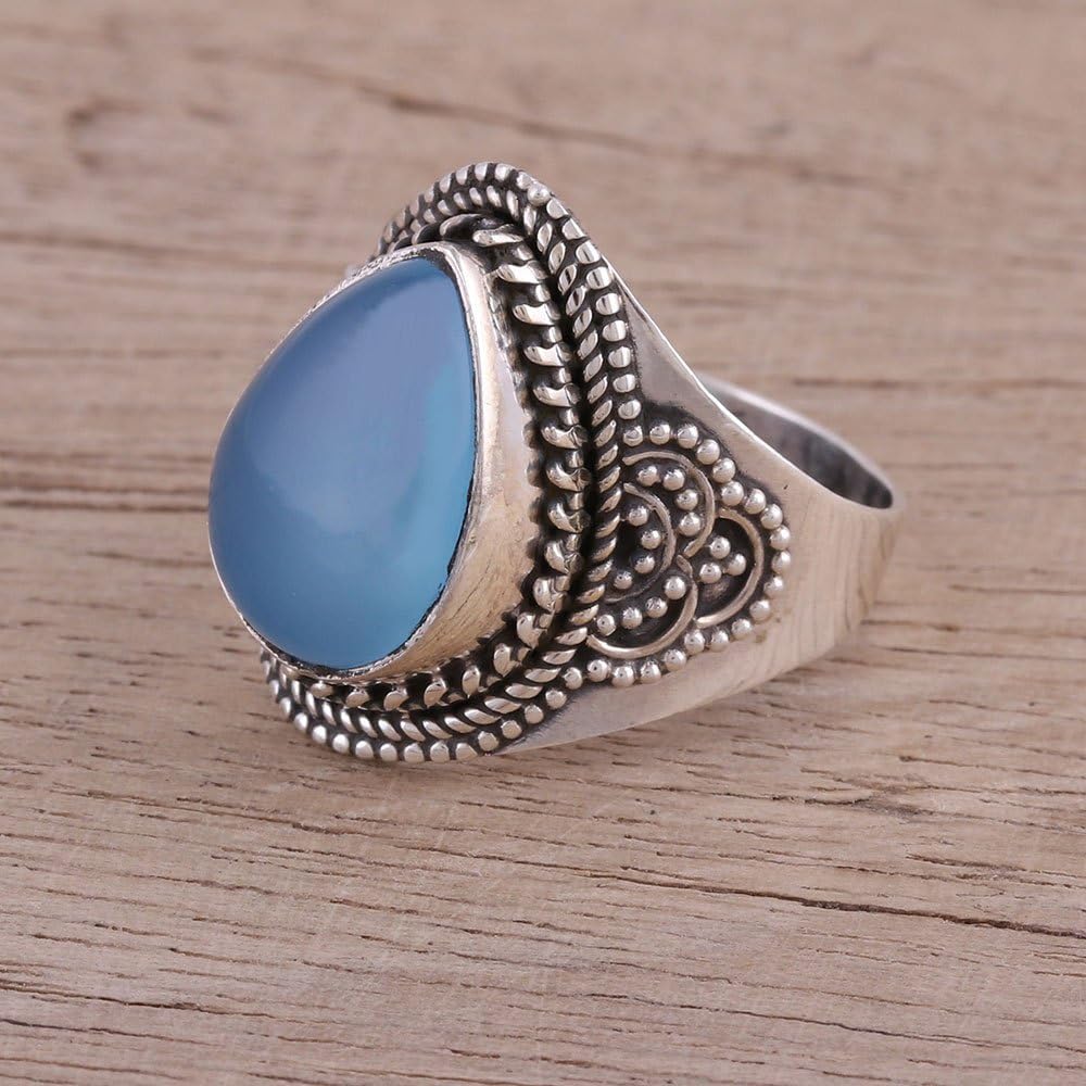 NOVICA Artisan Handmade Chalcedony Cocktail Ring .925 Sterling Silver Blue India 'Charismatic Blue Charm'