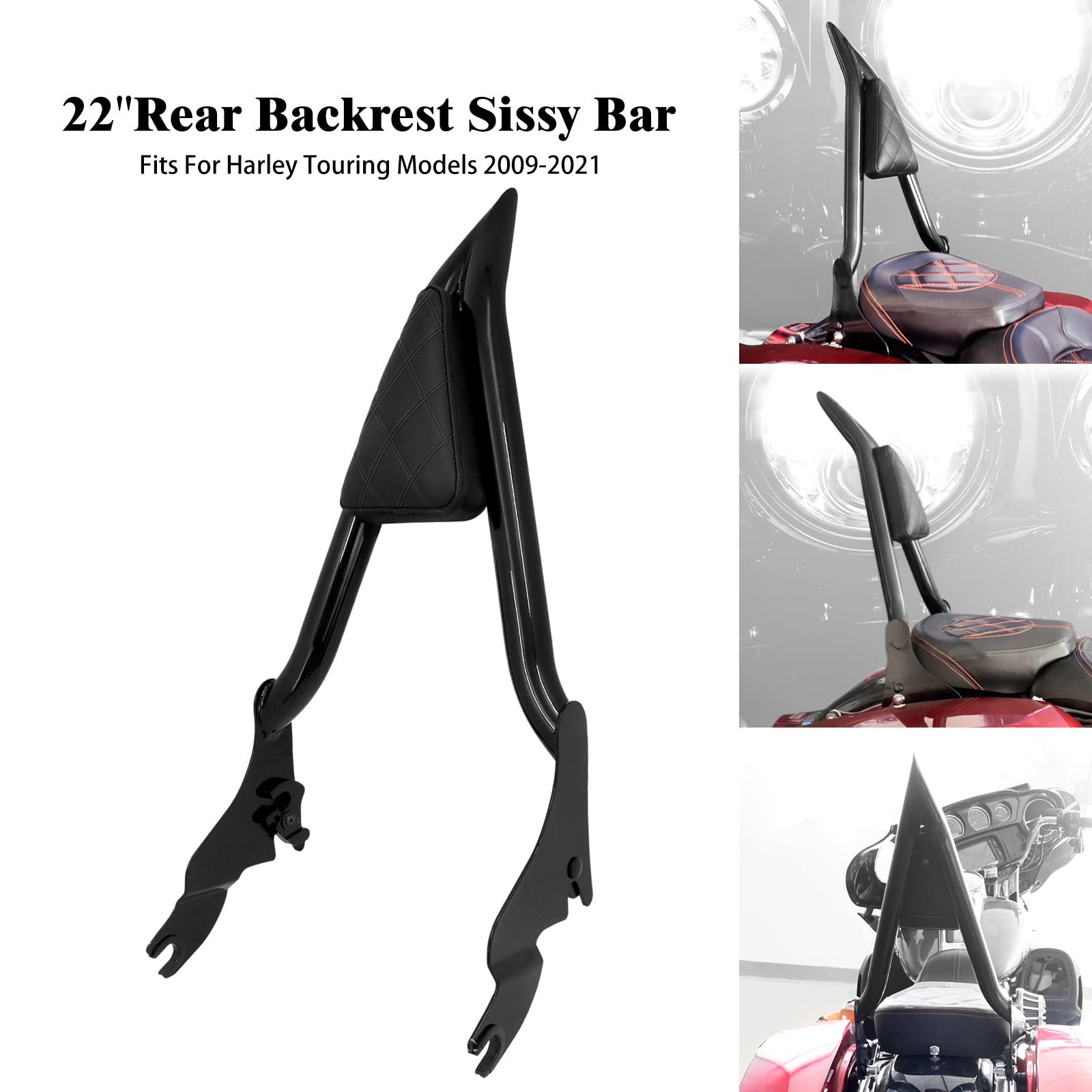 Harley Backrest 22" Height Sissy Bar, PSLER Detachable Passenger Backrest Rear Pad For Touring Street Glide Road Glide Electra Glide Road King FLHR FLHX FLHT FLTR 2009-2024, Sissy Bars - Canada Motorcycle